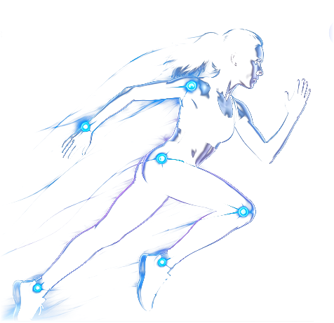 A runner mid-stride, with glowing markers tracking shoulder, wrist, hip, knee and ankle.