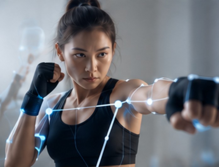 A boxer throwing a jab, a tracked joint graph drawn over her arms and torso.